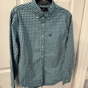 AMERICAN EAGLE CLASSIC FIT BLUE Green GINGHAM CHECK BUTTON DOWN‎ SHIRT MENS Med